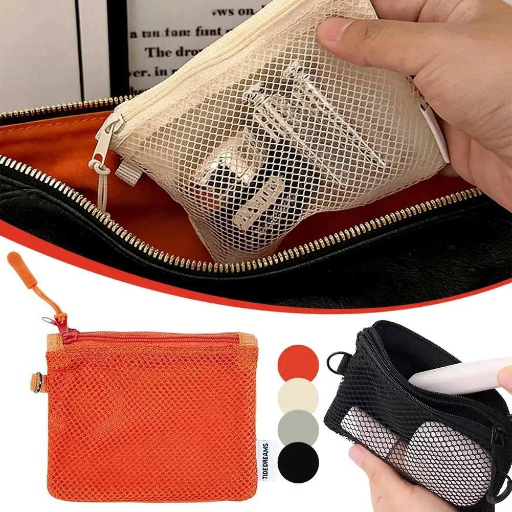 Dual-Layer Mesh Storage Bags Portable Travel Makeup Bag with Zipper Mini Toiletries Cosmetics Organizer Simple Stationery Bag