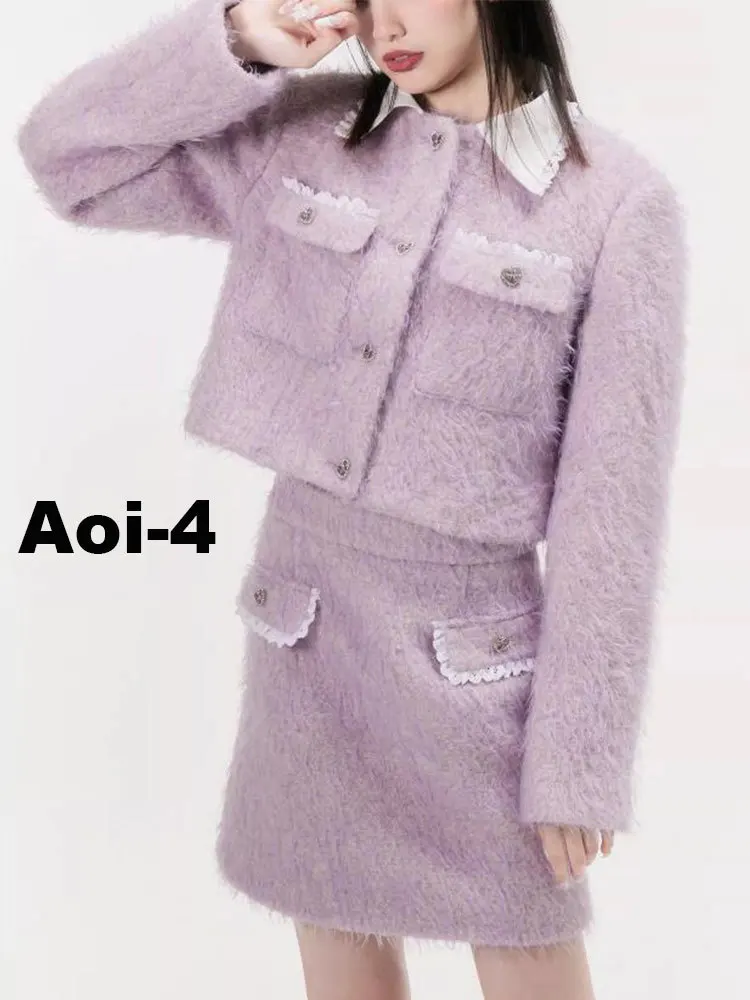 

Fashion Elegant Purple Suit Women's 2023 Autumn Winter Lapel Stitching Love Buckle Long Sleeve Coat+A-Line Skirt Two-Piece Set