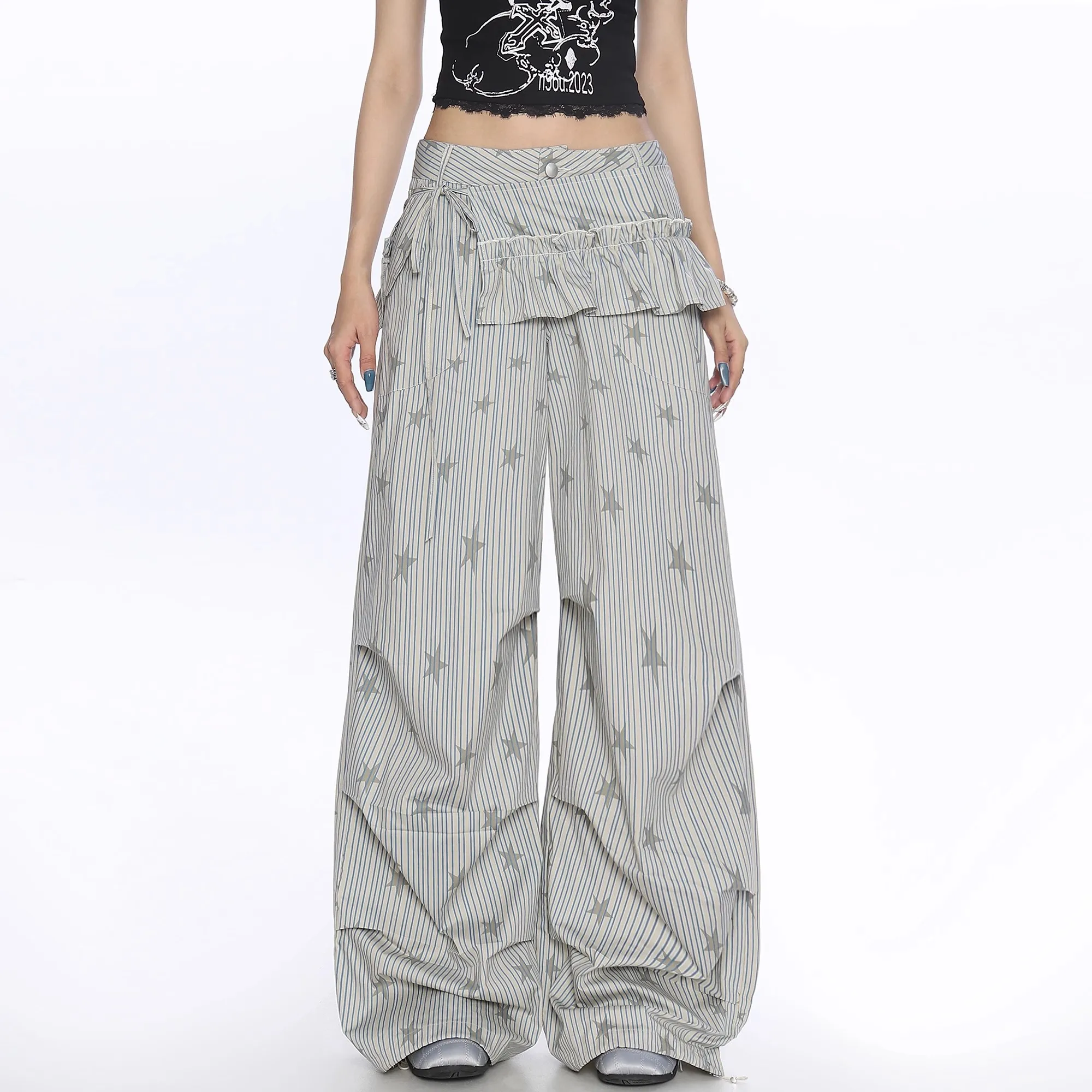 Women's Casual Striped Woven Star Print Wide Leg Pants Casual Stylish Full Length Trousers Y2K Clothes Streetwear