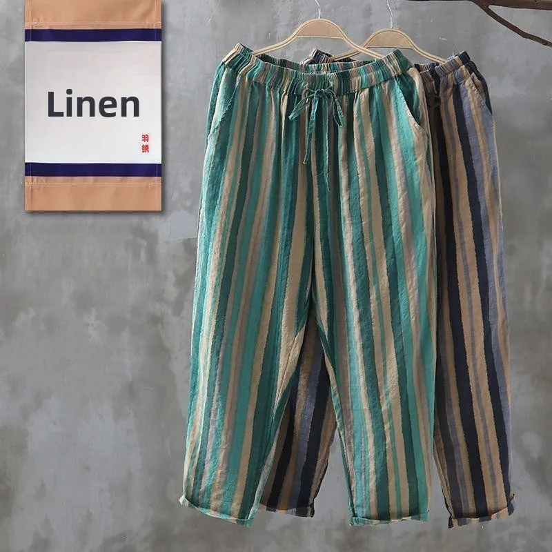 Pantaloni casual estivi da donna a nove pezzi a righe retrò Pantaloni larghi in cotone e lino di grandi dimensioni Harlan Carota Pantaloni da pendolarismo Sle Elastico...
