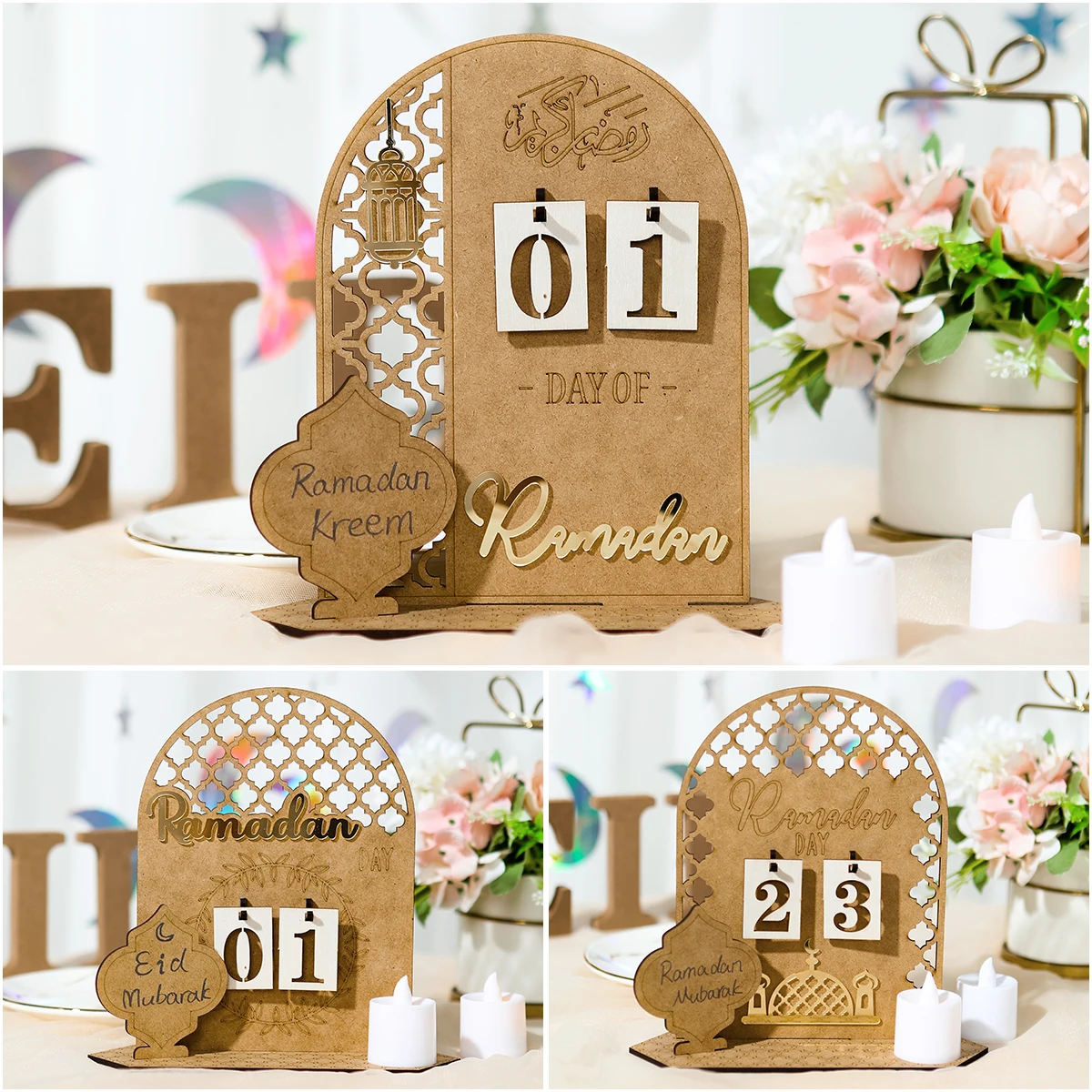 2023 Ramadan kalendarz odliczania Eid Mubarak Ornament drewniany Ramadan kalendarz muzułmańska impreza ozdobne statki Eid Al-Adha Ornament