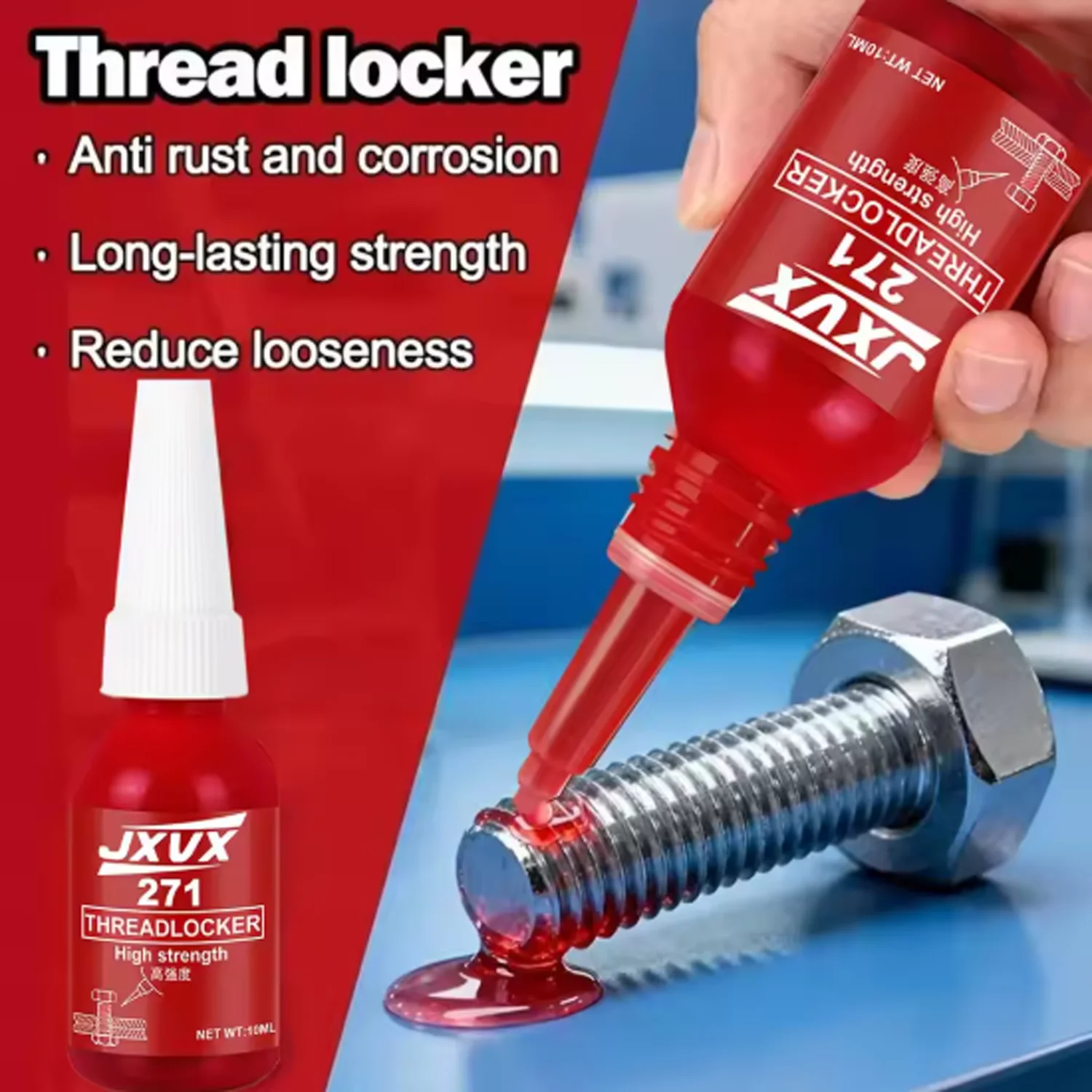 JXVX 271 high-strength threaded fastener Red threaded fastener 10 ml anaerobic adhesive screw anti-slip adhesive fast fixing fast curing threaded fastener torque adhesive