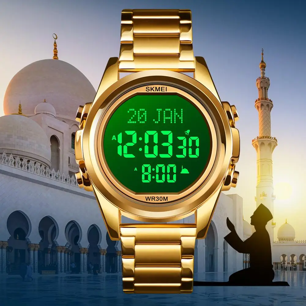 Skmei Muslim Watch Qibla Time Reminder Nmane Display Qibla Compass Relibious Month/day Wristwatch For Islamic Kids Ramadan Gift