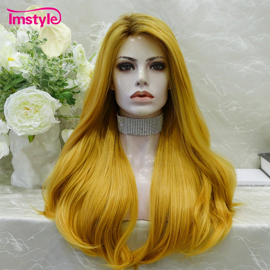 Imstyle Synthetic Wig For Cosplay Wig Yellow Long Natural Wavy Wigs Women Wig Dark RootHeat Resistant Fiber