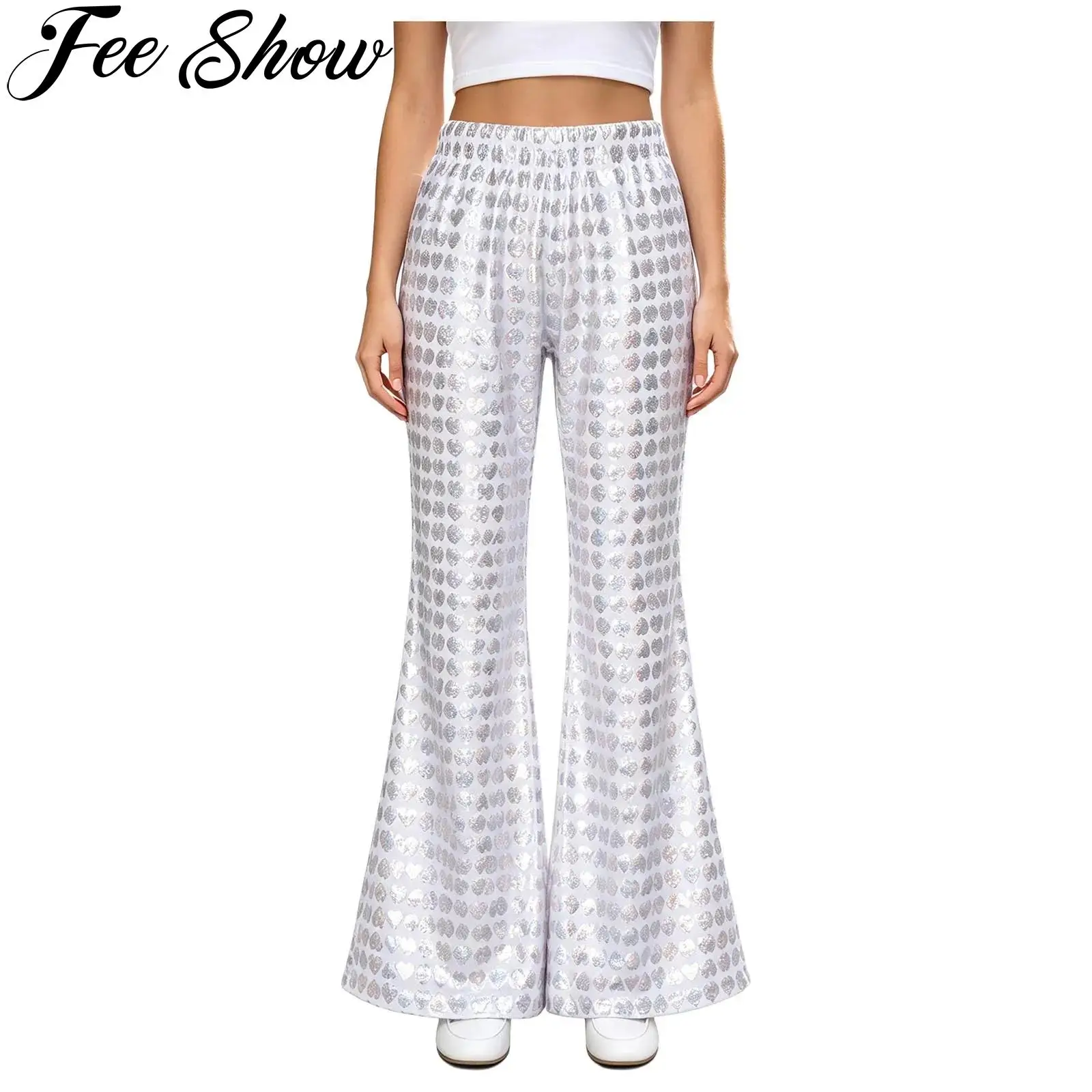 Kids Metallic Flared Pants Hip Hop Jazz Street Dance Performance Costume Elastic Waistband Heart Printed Bell-bottom Trousers
