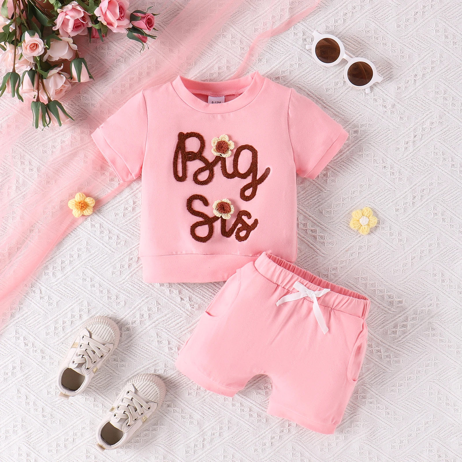 2PCS Summer Baby Girls Soft And Comfortable Pink Big Sis Embroidered Sister Short Sleeve + Pure Pink Shorts Fashion Set