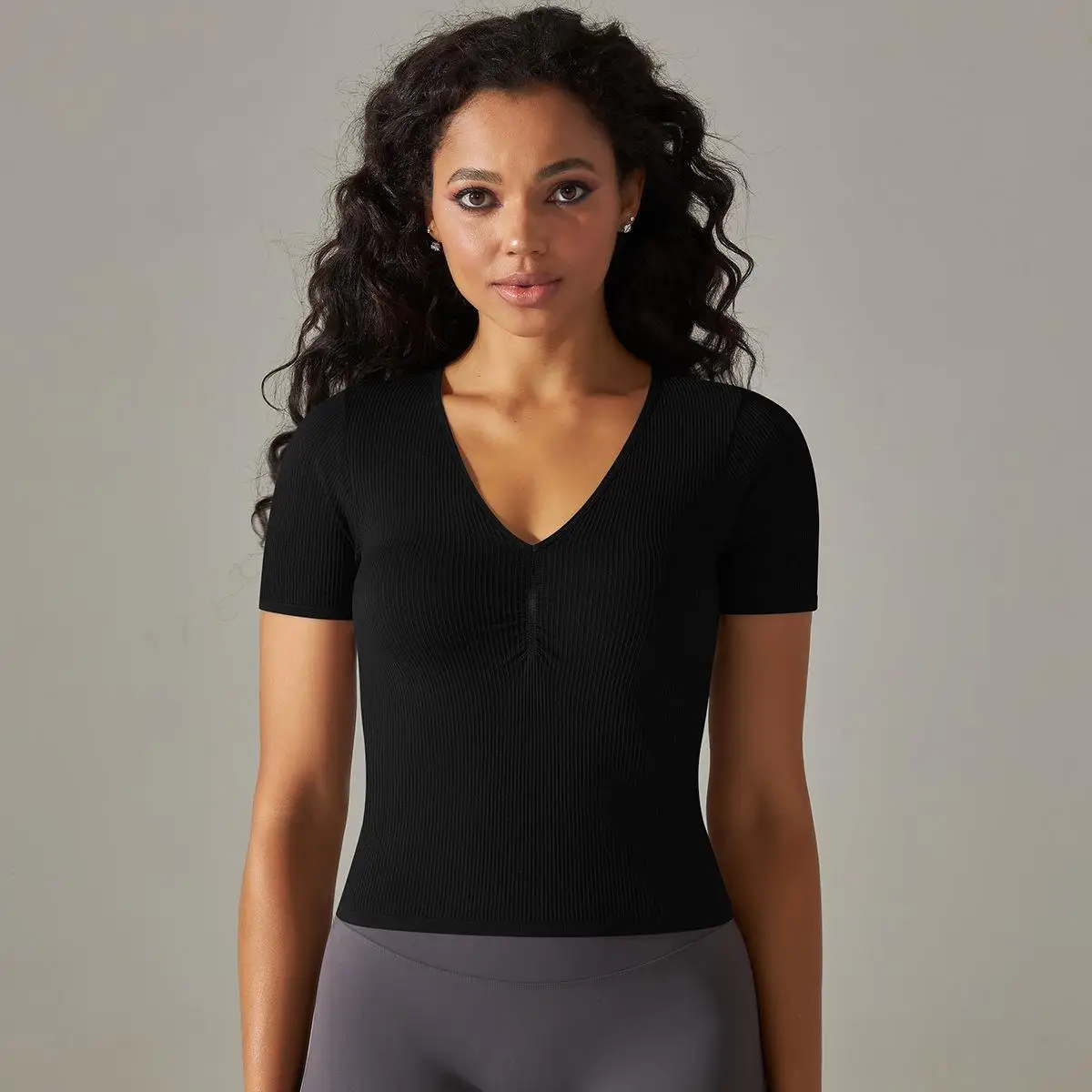 Seamless Knitting Yoga Sport Top For Women Deep V Neck Solid Color Short Sleeve T Shirts Women Running Fitness Yoga Clothes Tees