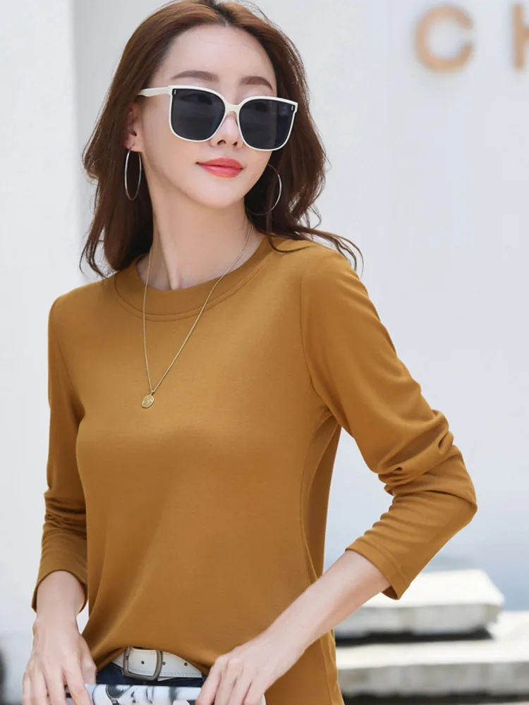 #0514 Spring Autumn Long Sleeve T Shirt Women Round Neck Solid Color Skinny Short T Shirt Female Cotton 95% Womens Tee Shirts