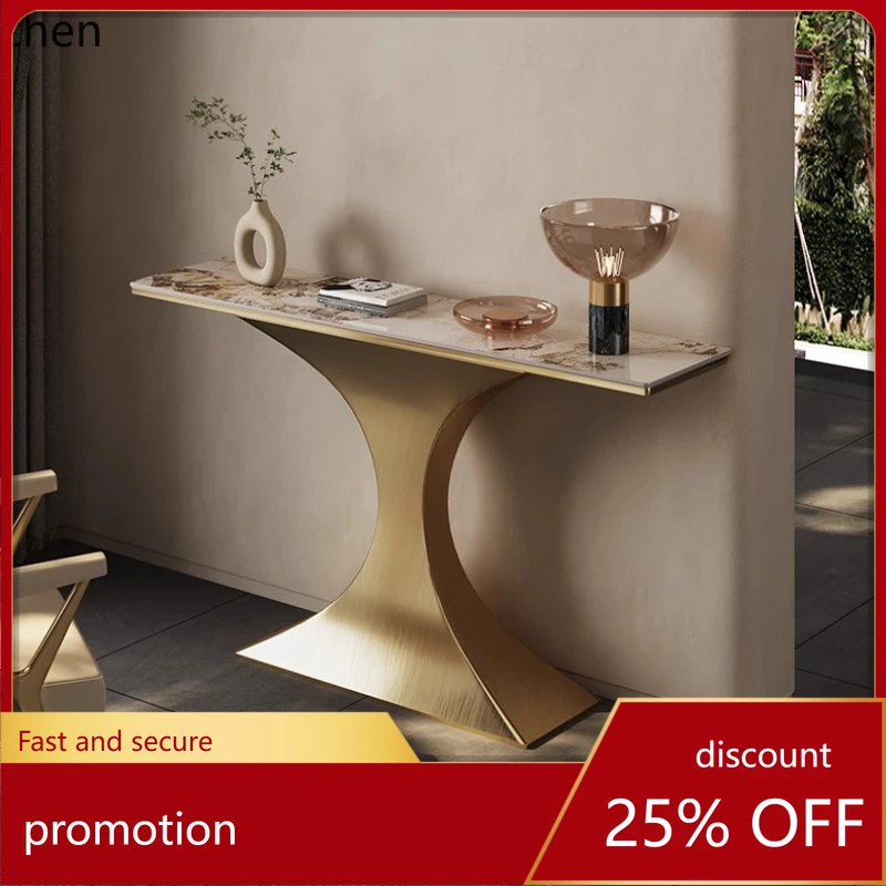 

HT modern stainless steel champagne gold rock slab entrance table light luxury entrance against the wall entrance table