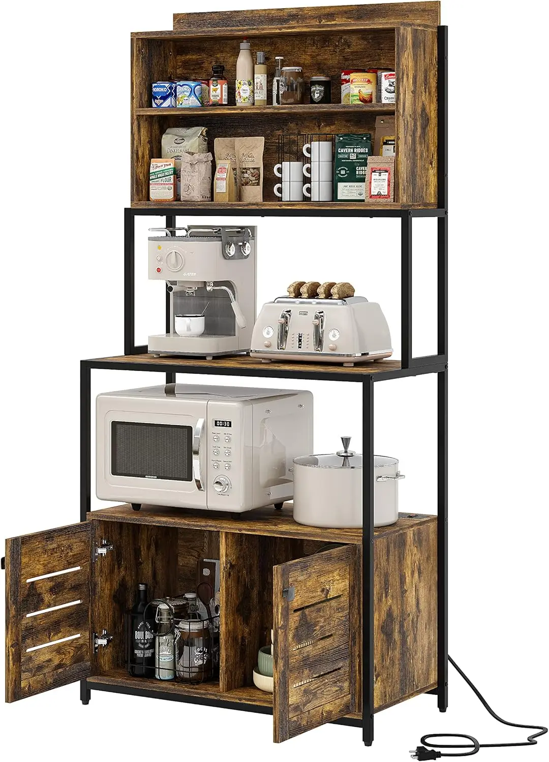 Kitchen Bakers Rack with Power Outlet, Industrial Microwave Oven Stand with Shelves, Kitchen Utility Storage