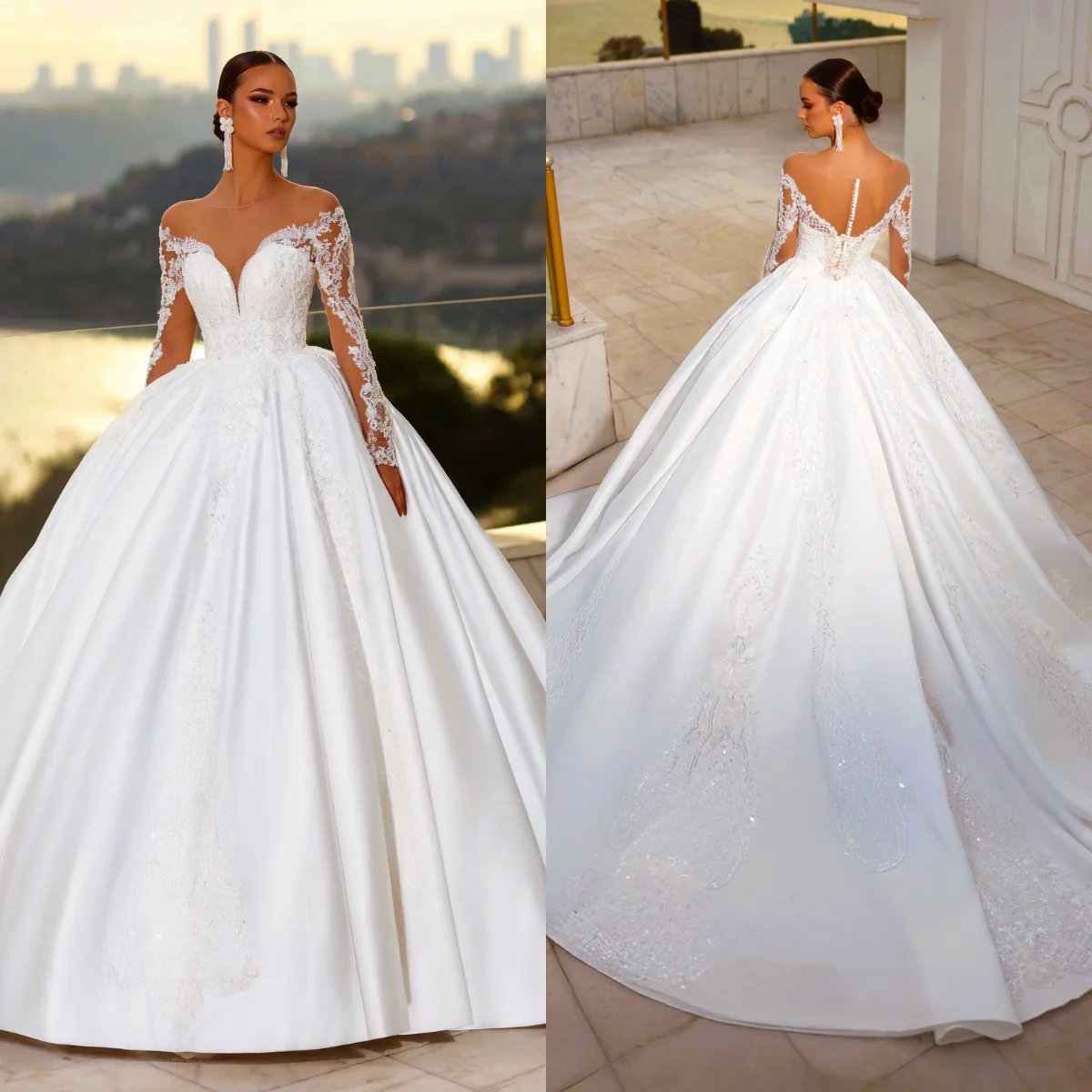 

Classic Bride Wedding Dress Customized Long Sleeves Sheer Neck Sequined Applique Sweep Train Satin Ball Gown Bridal Dresses