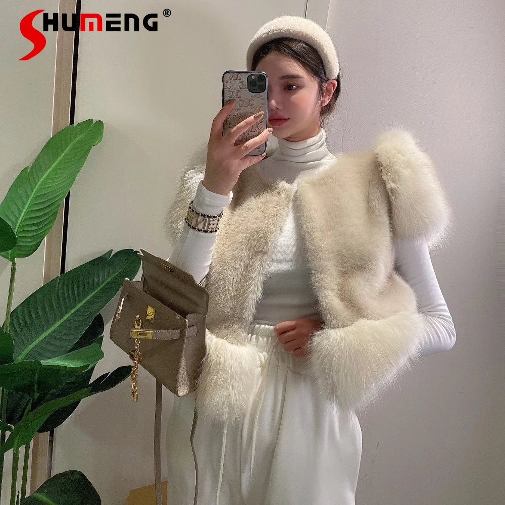 Korean-Stil Weiß Plüsch Weste frauen 2022 Herbst Winter Retro Nähte Schwere Faux Fuchs Pelz Mantel Kurze Weste jacke Mode