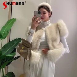 Korean-Style White Plush Vest Women's 2022 Autumn Winter Retro Stitching Heavy Faux Fox Fur Coat Short Waistcoat Jacket Fashion