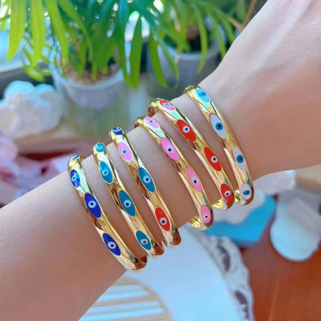 

5PCS, Delicate Gold Evil Eye Bangles Colorful Enamel Eye Bracelets For Women Open Cuff Bracelet Jewelry Accessories