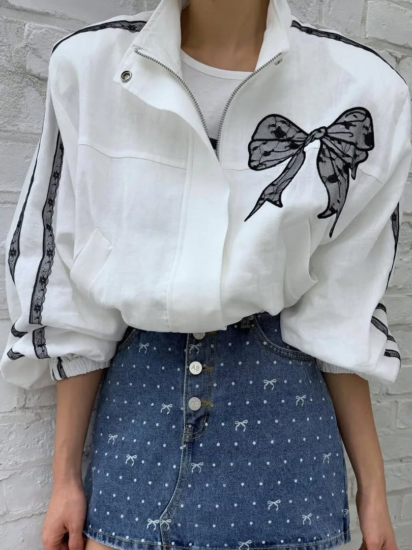 

Faionable Chic ort Jaet Women's Korean Sle Loose Fit Knot Lace Collar Outerwear Anti-Wrinkle Polyester Fiber
