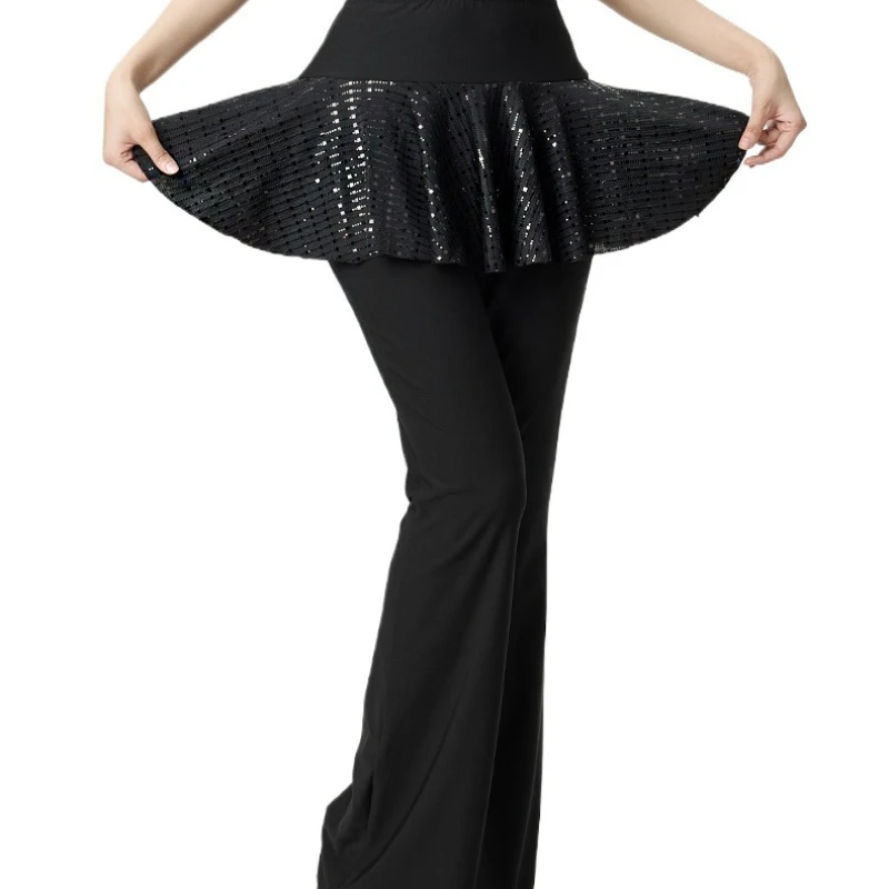 A nova moda trajes de dança quadrada lantejoulas saia calças feminino adulto dança latina prática roupas dança moderna calças alargamento