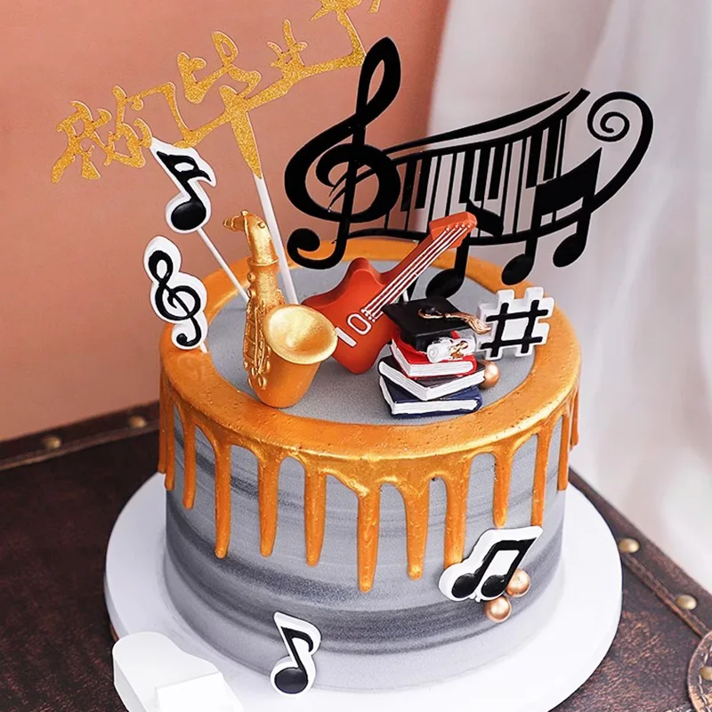 Music Theme Cake Toppers Mini Musical Instrument Resin Sax Piano Guitar Piano Notes for Birthday Graduation Party Blessing Decor