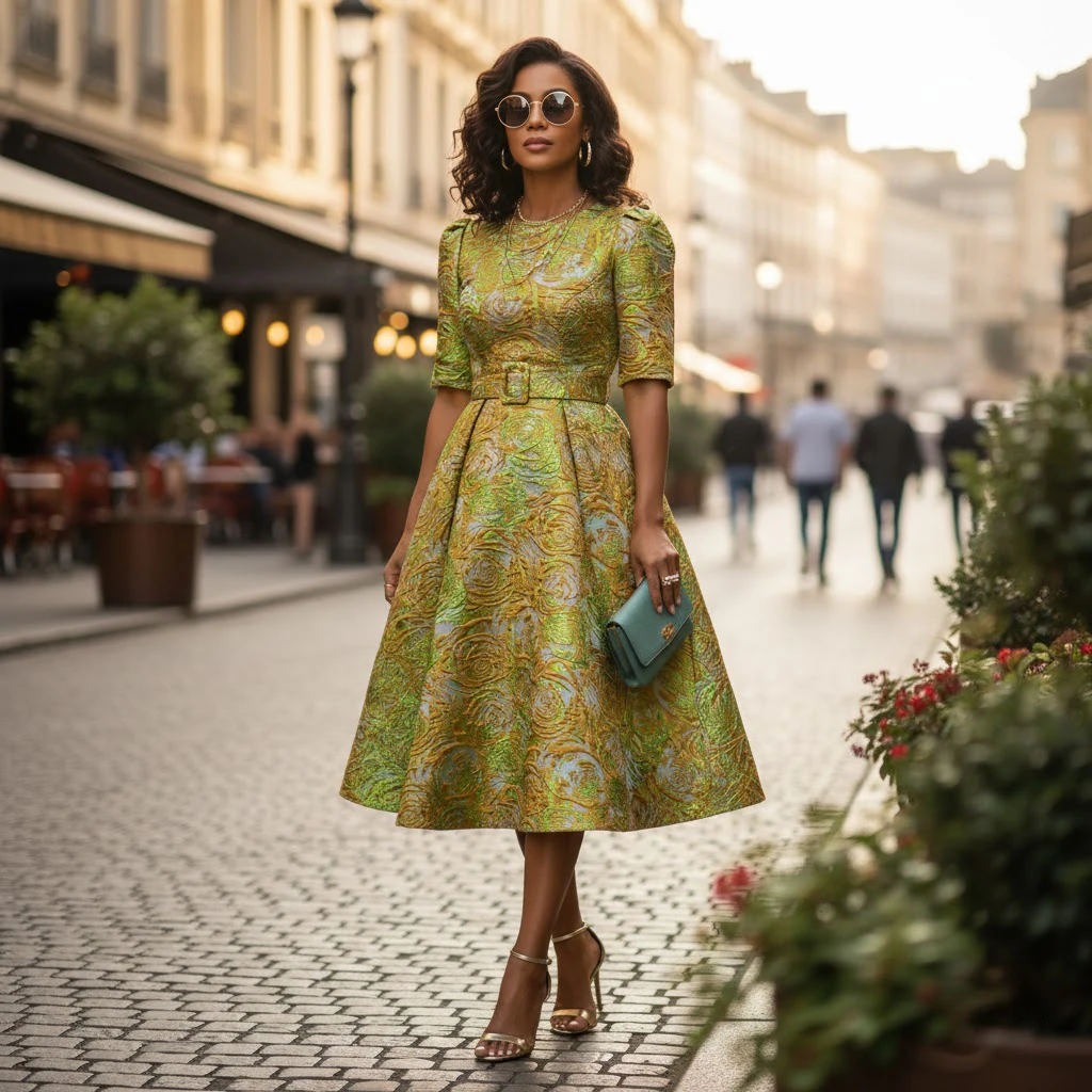 Afrikanischer Brokat-Jacquard-Spitzenstoff, goldfarbenes, grünes, rosafarbenes, gewebtes Textil mit Blumenmuster für Damenkleid/Partykostüm/traditionelles Outfit