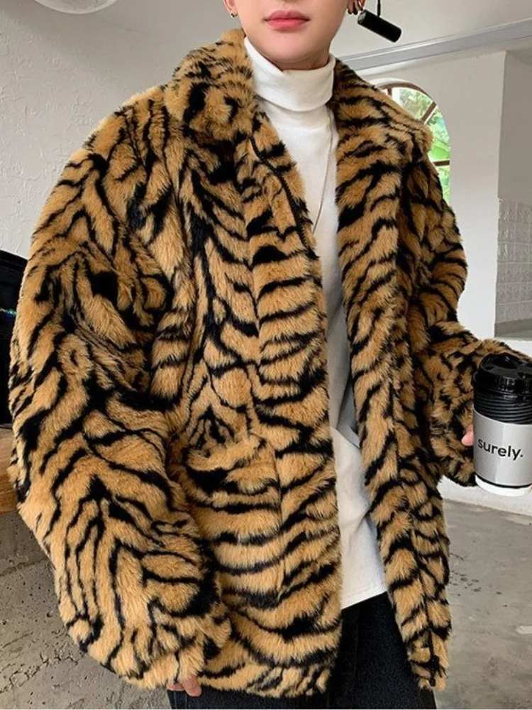 2026 New Men's Tiger Leopard Print Faux Fur Coat Waterproof Winter Warm Thick Streetwear Jacket Ski Snowcoat Overcoat Outerwear