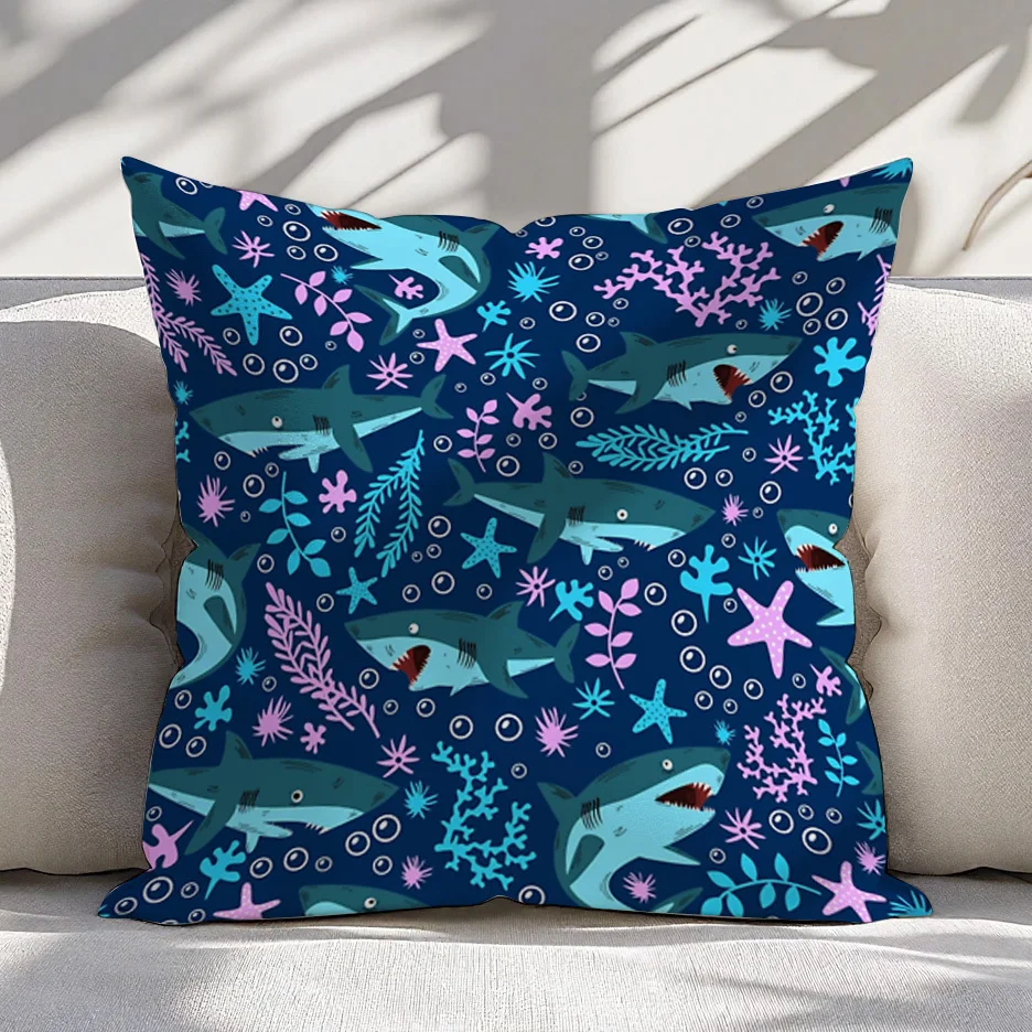 Shark Ocean Print Pillow Cover Polyester Machine Washable Indoor Outdoor Sofa Beach House Whimsical Marine Decor