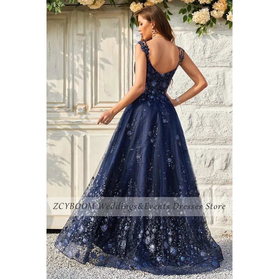 Customized Navy Blue V-Neck Flowers Spaghetti Straps  Appliques Evening Dresses 2024 A-Line Floor Length Sleeveless Prom Dress