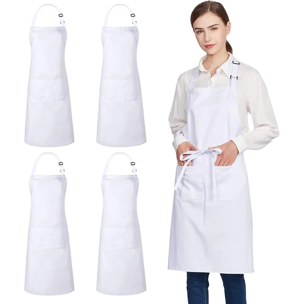 

Юатс, 4 упаковки, фартуки из 100% хлопка с 2 карманами, кухонный регулируемый фартук-нагрудник для женщин и мужчин, белый