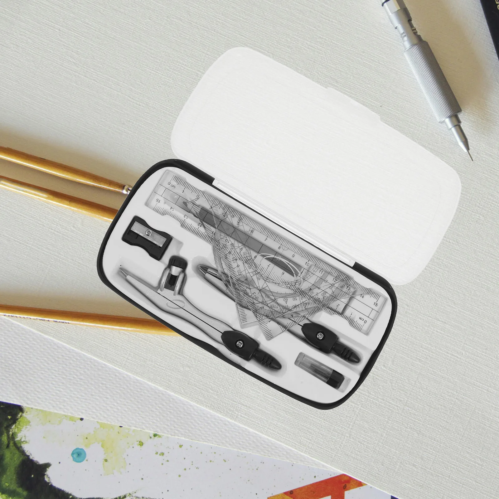 1 set 1 Set Compass Protractor Ruler Kit For Students Geometry Drawing Tools School Supplies Kids Plastic Alloy Measuring Set