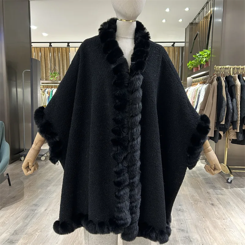 Fashion Wavy Faux Fur Trims Imitate Lamb Wool Coat Cloak Winter Women Batsleeve Overcoat Cape Wraps Thick Lining