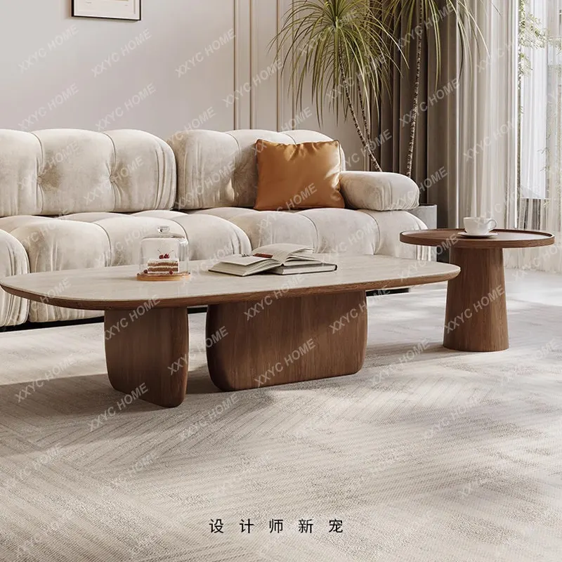 Travertine rock slab coffee table living room household walnut solid wood grain advanced retro minimalist medieval