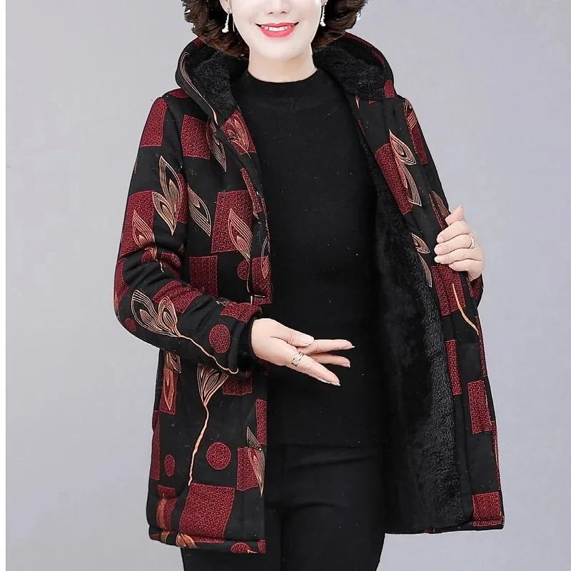 2023 New Middle-aged And Elderly Winter Velvet Padded Coat Joker Loose Single-Breasted Simple Warm Hooded Pocket Outerwear