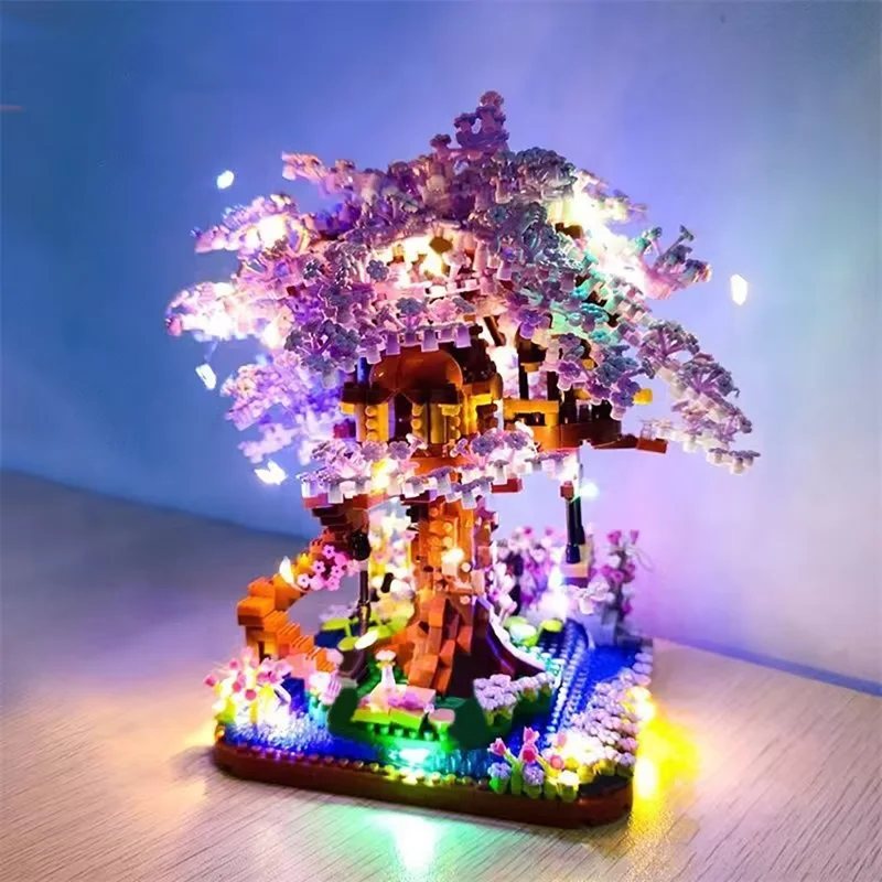 

Mini Sakura Tree House With Lights Model Building Blocks City Street View Cherry Blossom Houses Bricks Kids Toys For Girls Gift