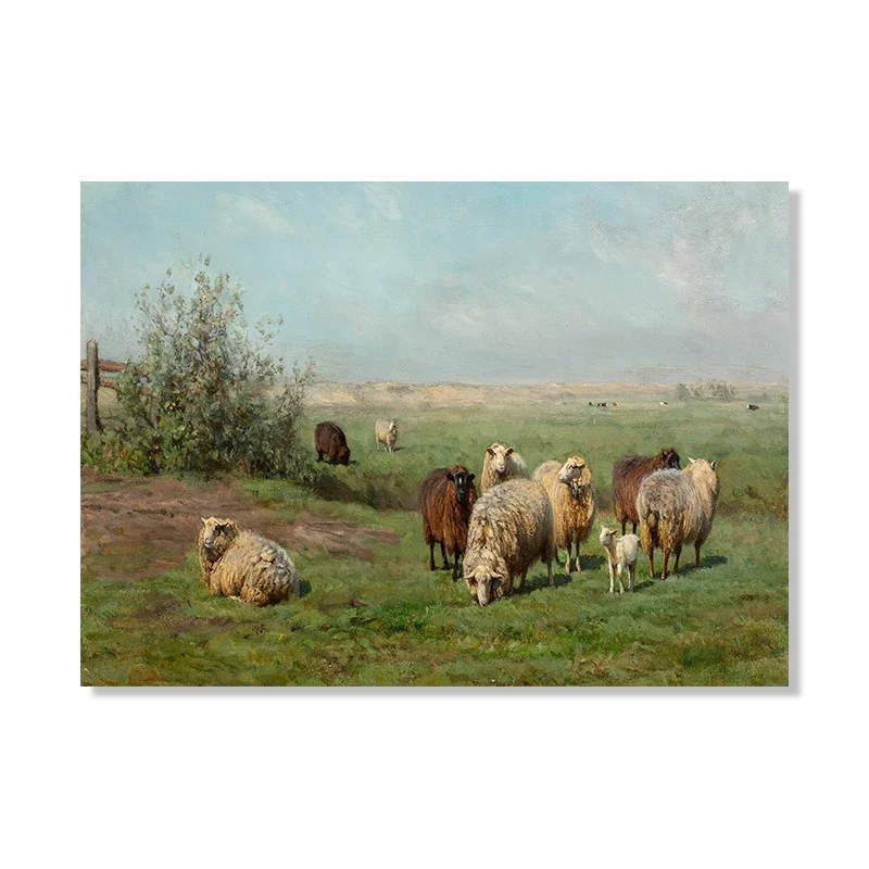 Vintage Sheep Painting Canvas Poster Countryside Meadow Landscape Painting Art Print Farm Animal Wall Pictures Cottagecore De