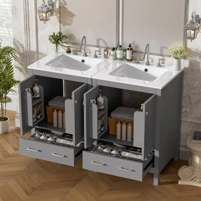 زينة حمام مقاس 48 بوصة مع حوض سفلي، وخزانة تخزين، وأبواب مغلقة ناعمة، وأدراج مقسمة، ورف باب مزدوج الطبقة #3