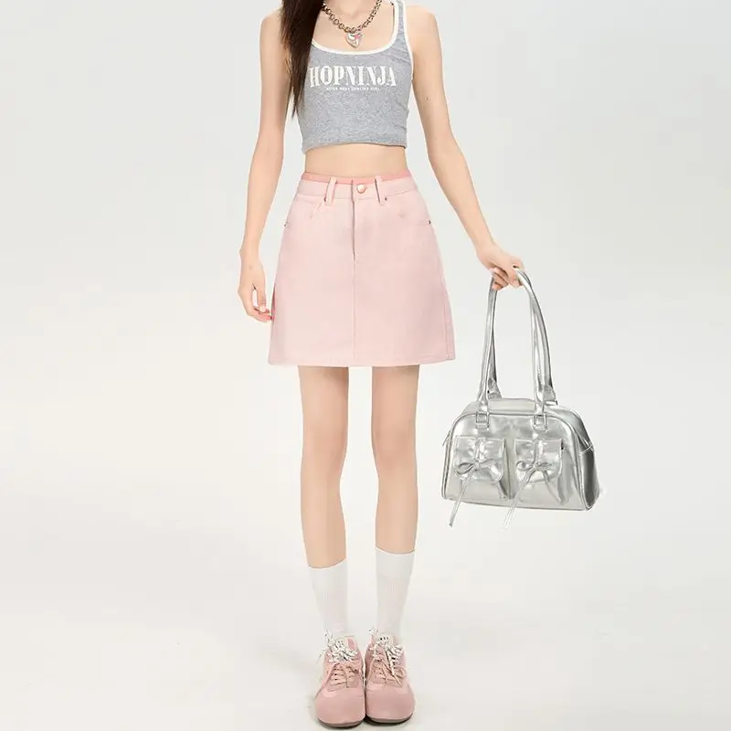 Mulheres rosa de cintura alta emagrecimento ajuste denim mini saias elegantes para mulheres na moda verão novo estilo versão coreana saias bodycon