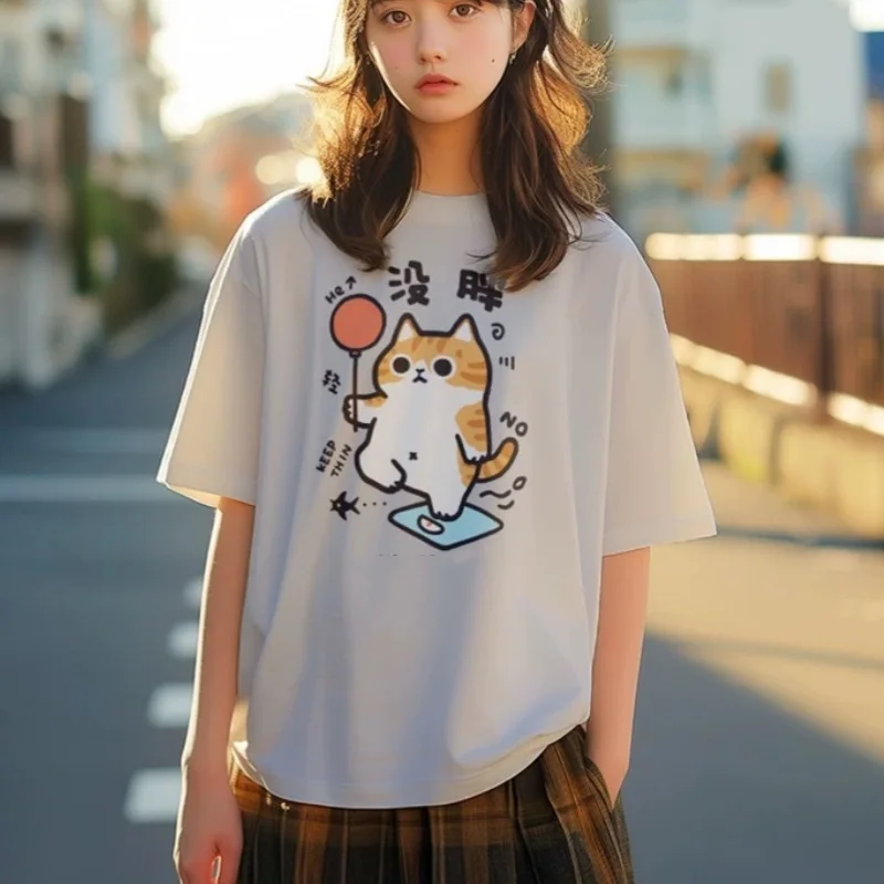ZAZOMDE Summer Pure Cotton Short-sleeved T-shirt For Women Summer New Cat Cartoon Student Loose Top For Men Y2k Ins 2025