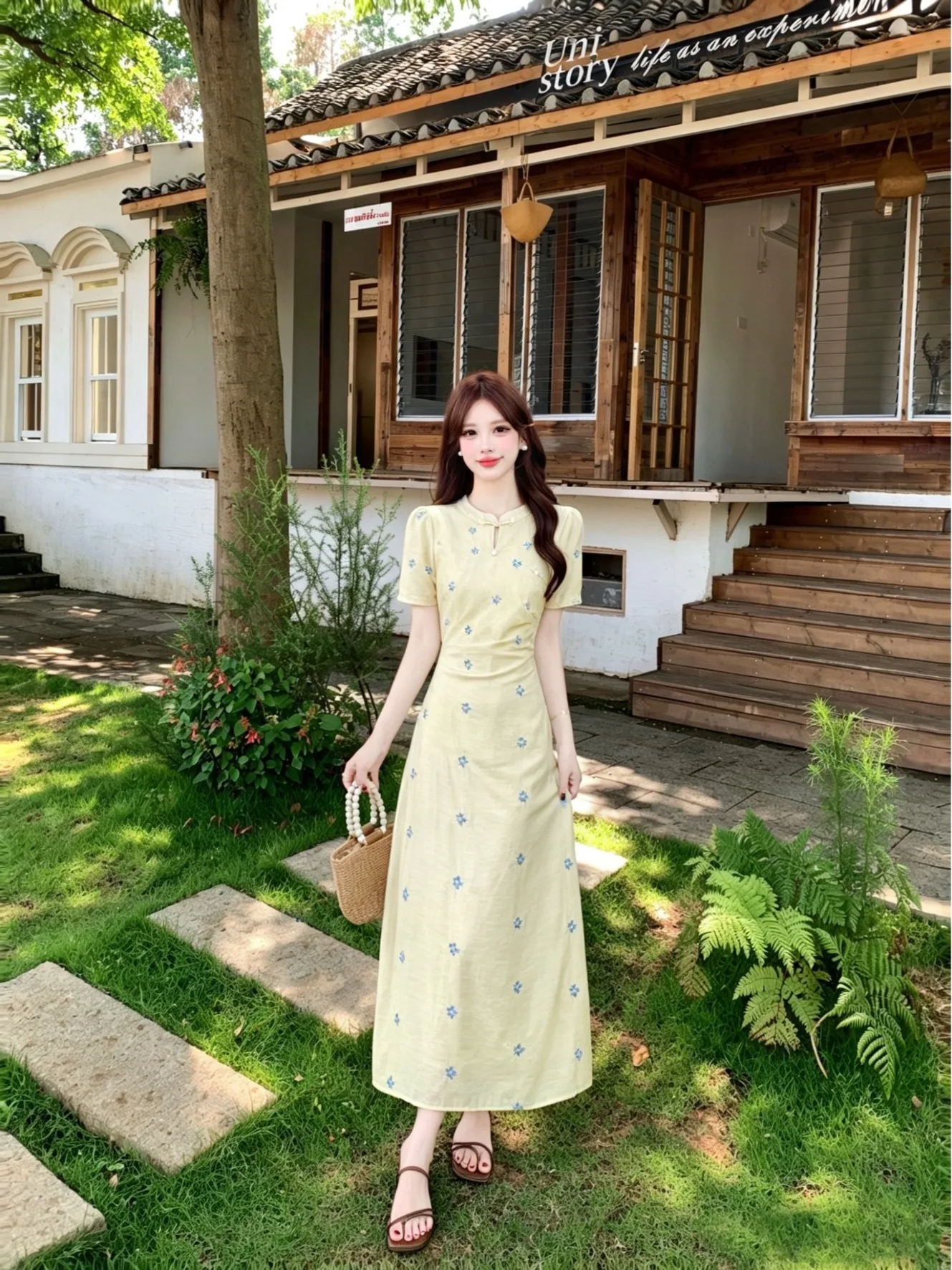 

New Chinese Style Long Floral Print Slimming Summer Dress Big Size Women's Fashionable Belted Midi Dress City Walk Polyester ...