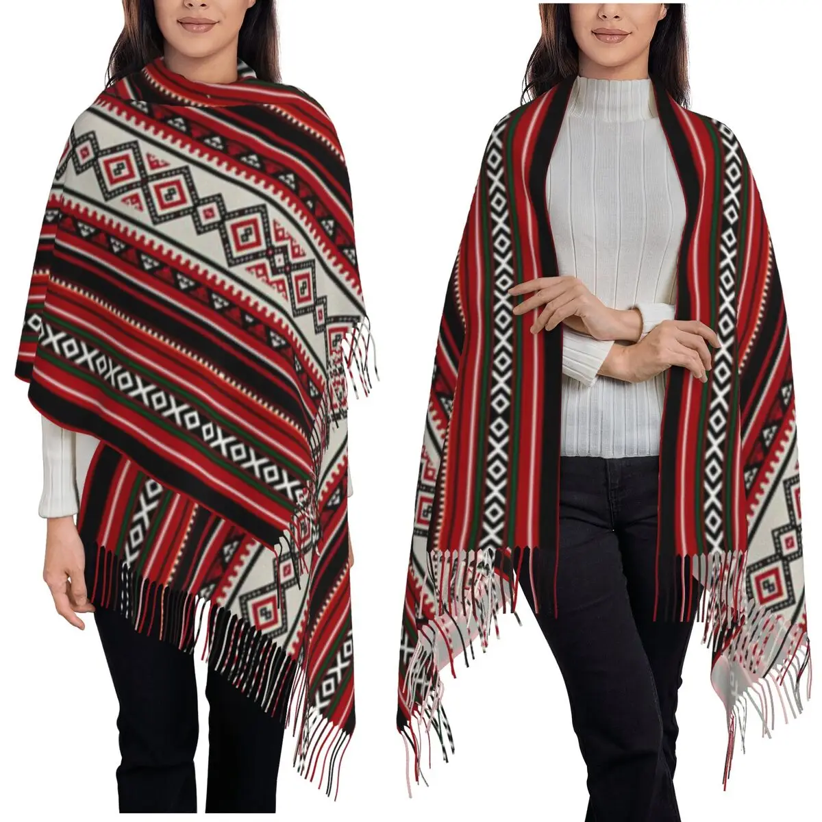 大きなカビール・ボヘミア・アマジグ・ベルベル族のスカーフ、タッセル付きスカーフ、女性用ソフトで暖かいショールとラップ、ロング丈の秋冬用ショールラップ