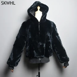 New Whole Fur High Quality Rabbit Fur Jacket Women's Rabbit Fur Coat Natural Whole skin Fur Coat Hooded Fashion Rabbit Fur Coat