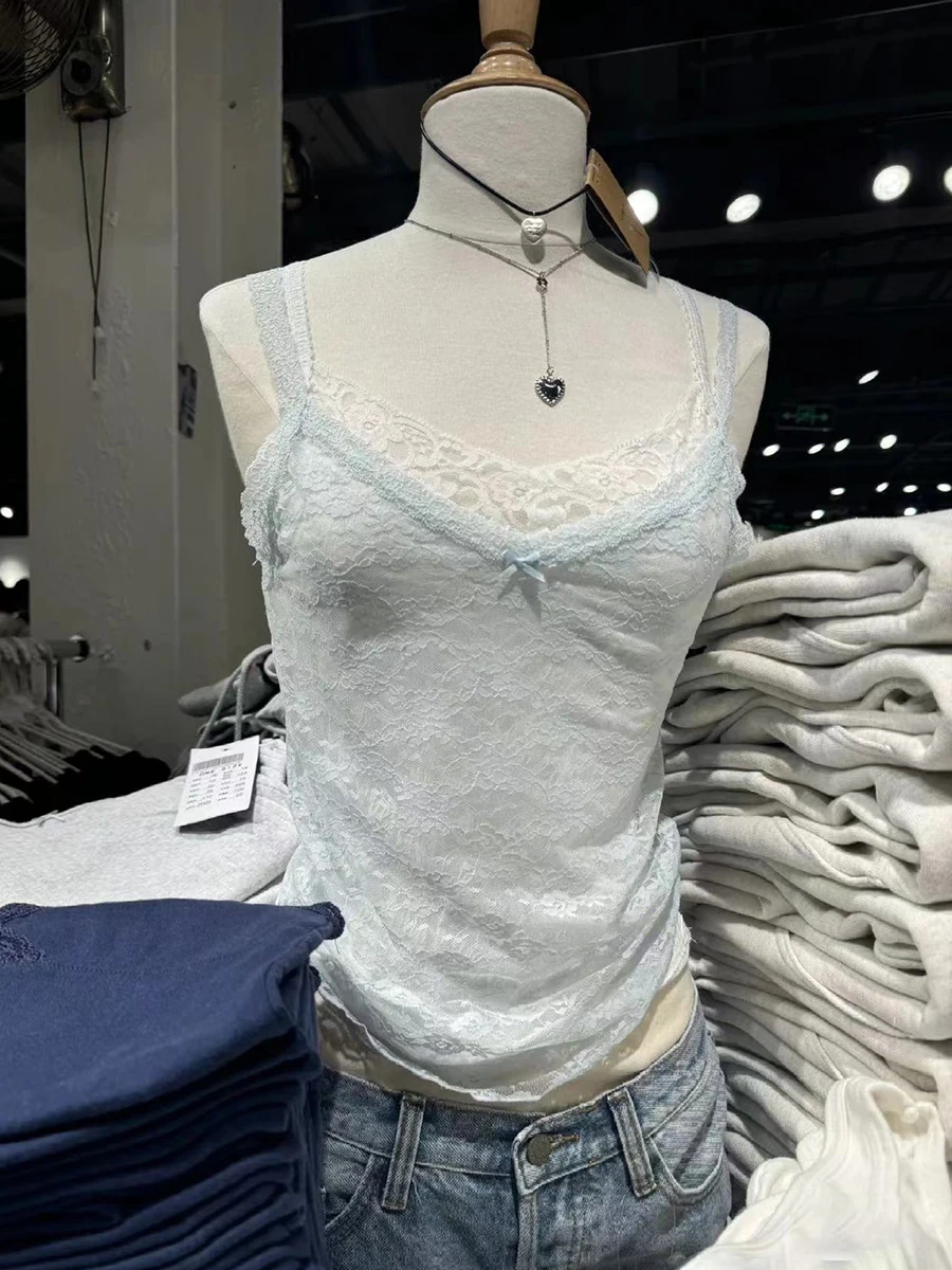 Blue Lace Sexy Transparent Tank Tops Summer Bow V Neck Sleevless Slim Thin Camis Vests Women Vintage Solid Sweet Mesh Crop Top