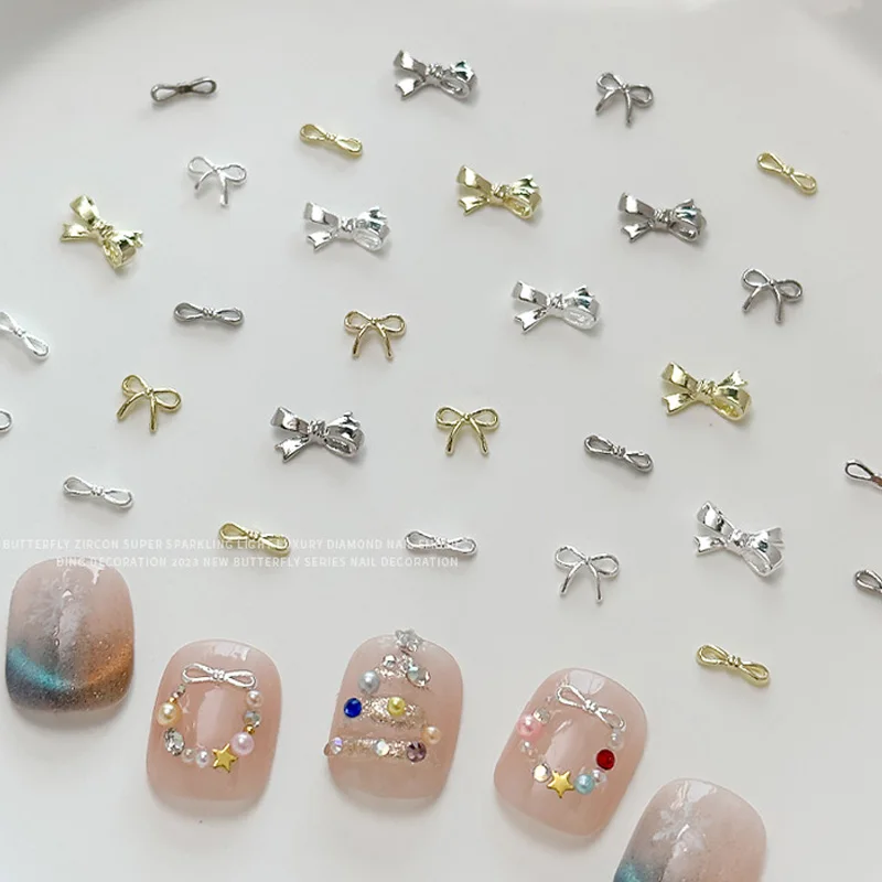 10 Pcs Gold Silver Mini  Bow Nail Charm 3D Alloy Metal Ribbon Bowtie Nails Art Decoration Jewelry Manicure Accessories Supplies