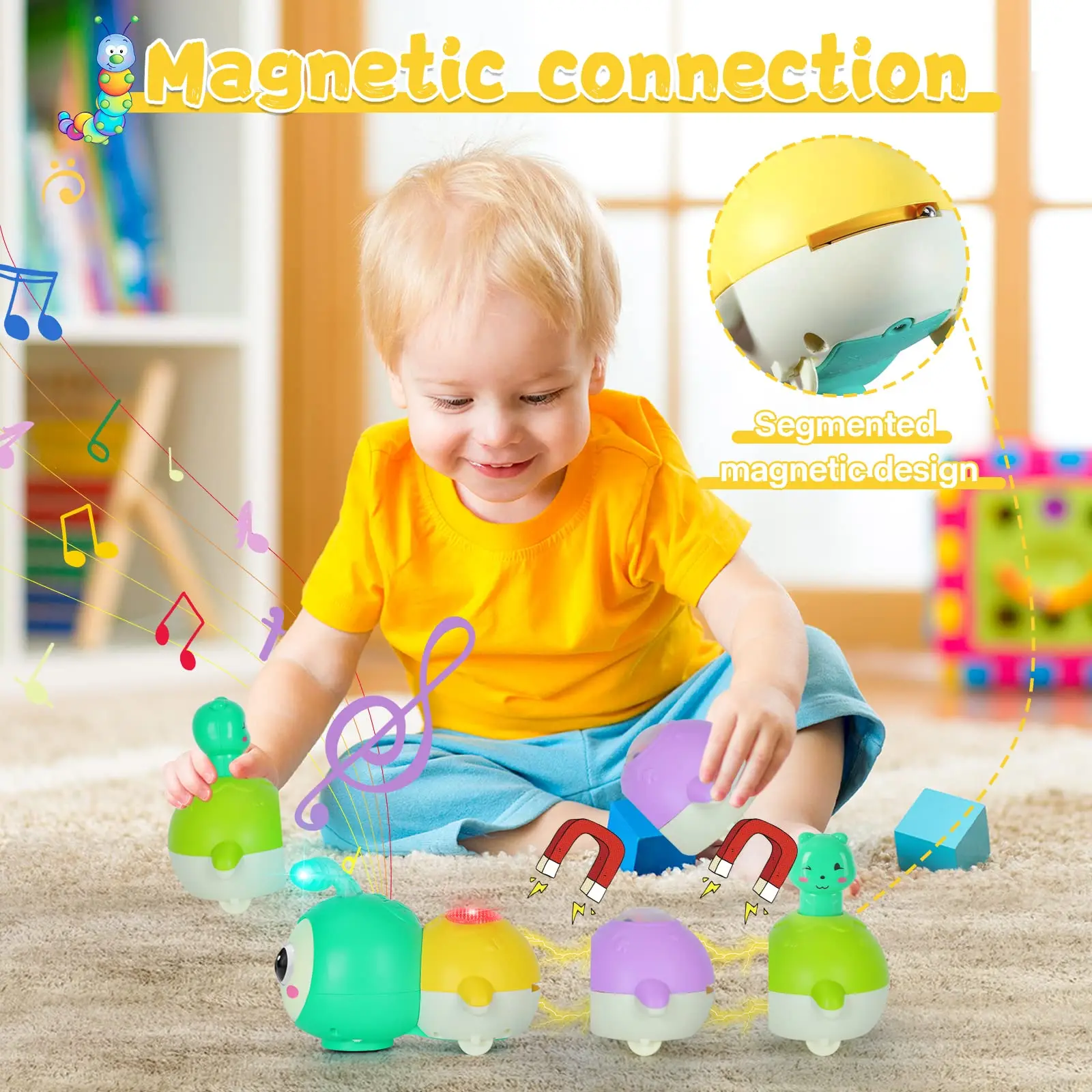 Brinquedo interativo de lagarta de rastejamento para bebê, Brinquedo musical para bebê, Tummy Time Sensory, Brinquedo de educação infantil com música magnética