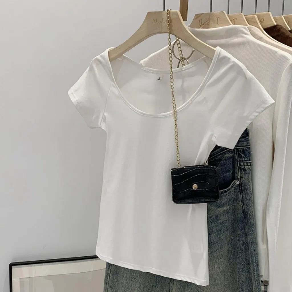 

Women's Large round Neck T-Shirt Pure Color Short-Sleeved Summer Top Hot Style Unique Design Casual Fashion