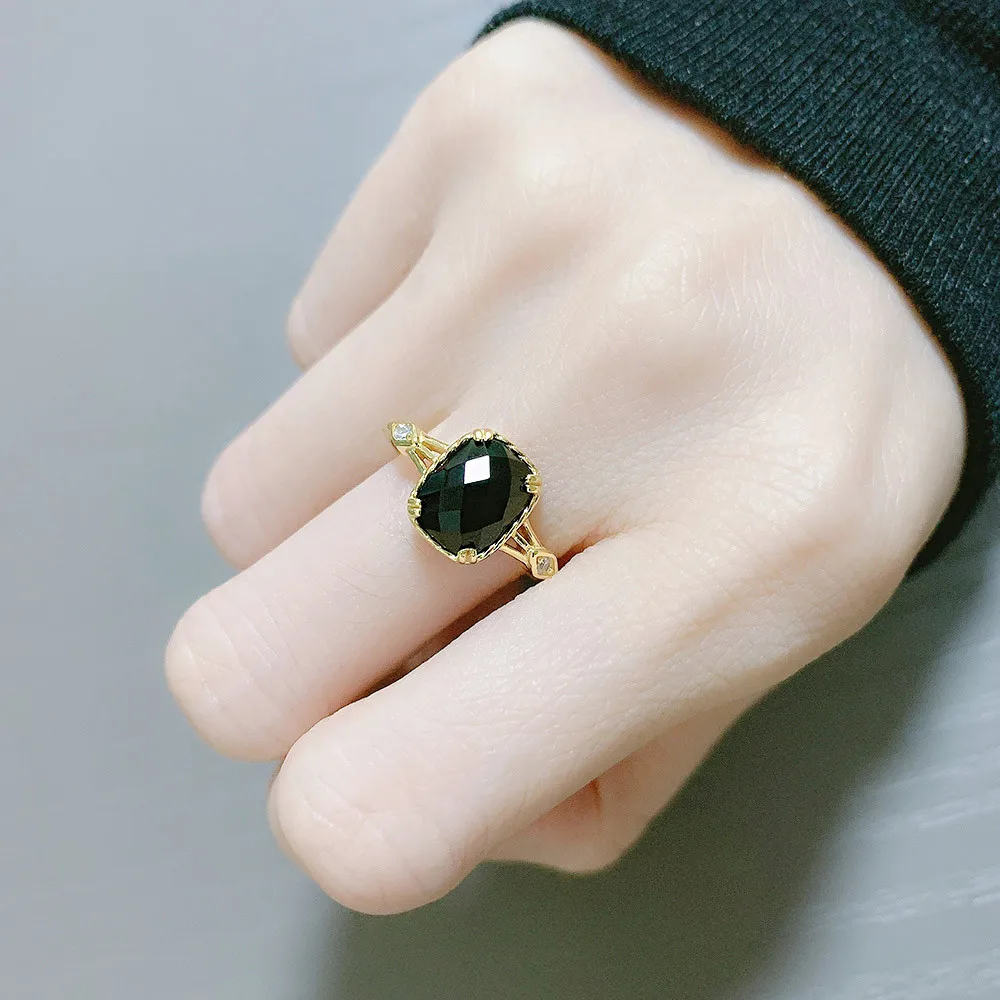 LAMOONแหวนเงิน925สำหรับผู้หญิงสีดำธรรมชาติAgaleแบนตาข่ายพื้นผิว14K Gold Plated Fine Jewlerly LMRI109