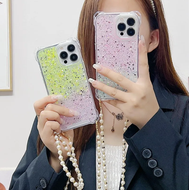 Glitter Pearl Strap Case For Samsung Galaxy A55 A54 A15 A34 A14 A53 S22 S24 S23 Ultra Four Corners Crossbody Long Lanyard Cover