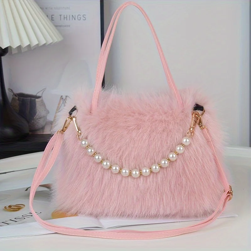 Chic Faux Fur Crossbody Bag with Pearl Accents - Soft Plush Shoulder Purse for Women, Available in Pink, Khaki, Coffee, White, B