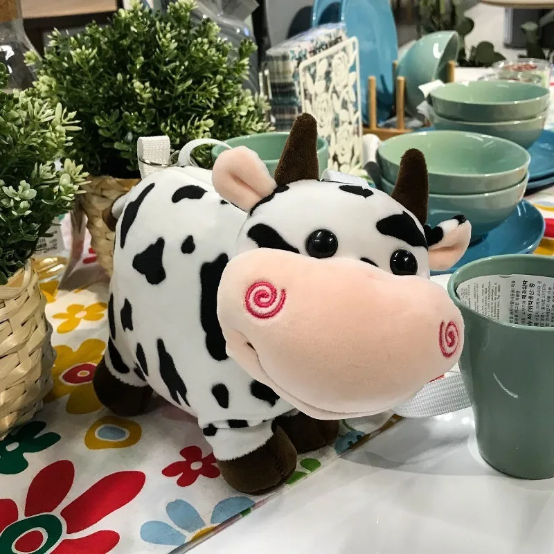 Urocza pluszowa torba na ramię w kształcie krowy, studencka kawaii torba crossbody z kreskówkowym motywem, uniwersalny pluszowy plecak na co dzień, prezent dla przyjaciela.