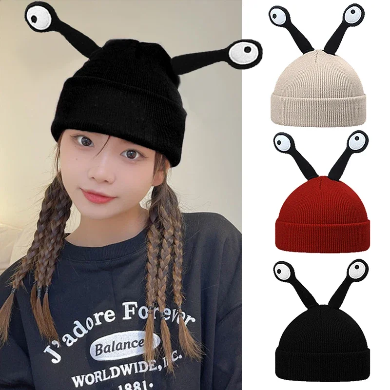 Winter Women Girls Cute Cartoon Insect Antennae Hat Baby Funny Wool Plush Thicken Parent Child Hat Female Knitted Windproof Hat