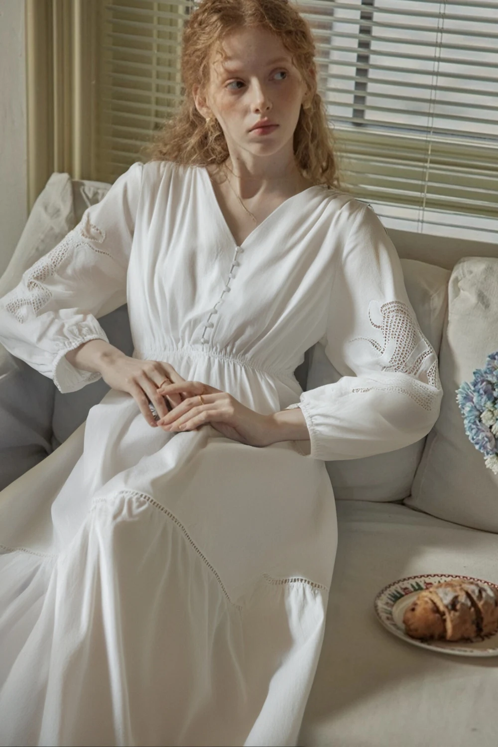 

VIMLY Women's Simple Elegant Embroidery Dress 2025 Spring V Neck Hollow Out Commuter Party Dress Boho Loose Holiday Long Dress