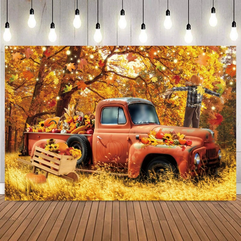 Autumn Scenery Photography Backdrop Fall Farm Barn Haystack Maple Pumpkin Truck Thanksgiving Baby Portrait Photo Background Prop