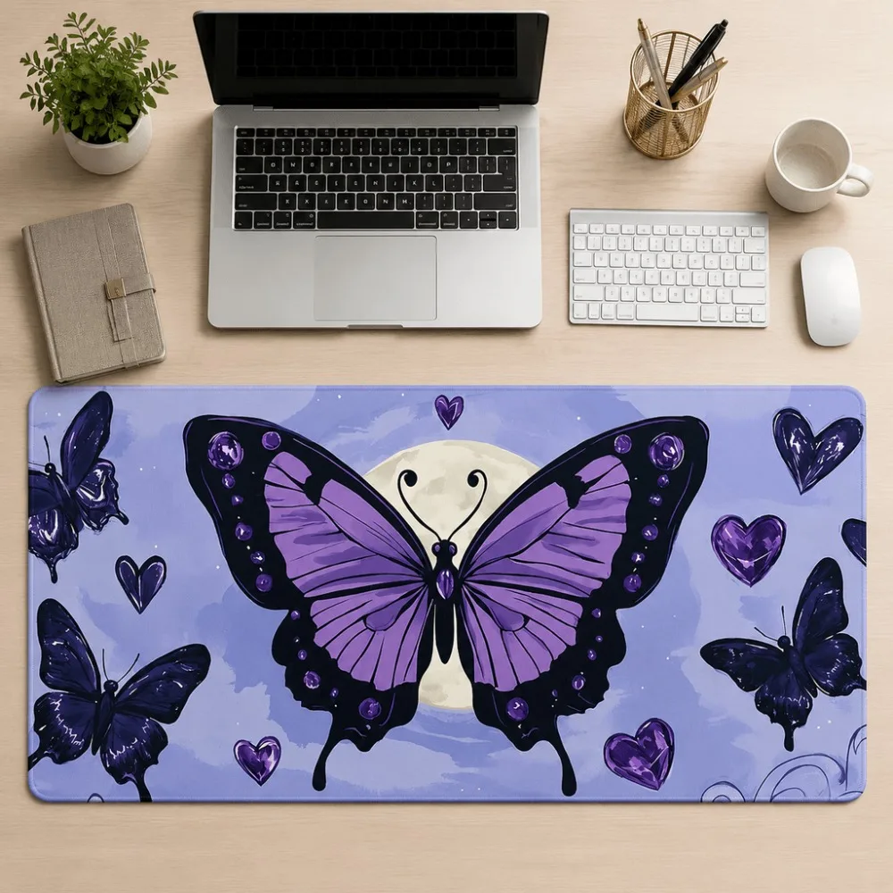 Extended desk mat with purple butterfly heart-shaped print - an elegant design for office computer desk keyboard and mouse pad